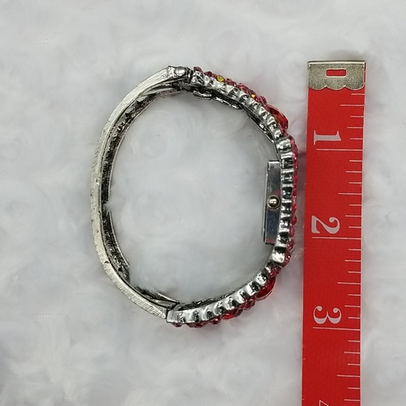 Figaro Couture Red Rhinestone Hinged Bangle Bracelet Watch - Picture 9 of 10